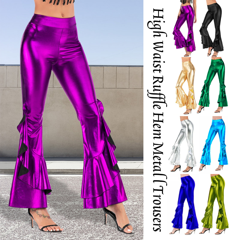 Wide Leg Trouser 70S - Women Shiny Flare Trousers Metallic Bell