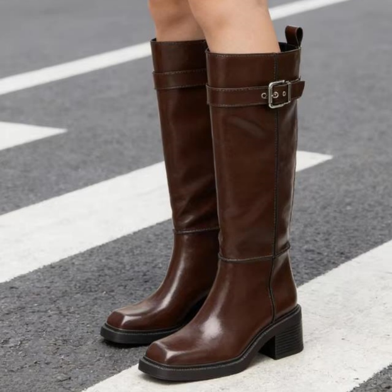 Vintage Fashion Heels - British Style Brown Knee Boots Women