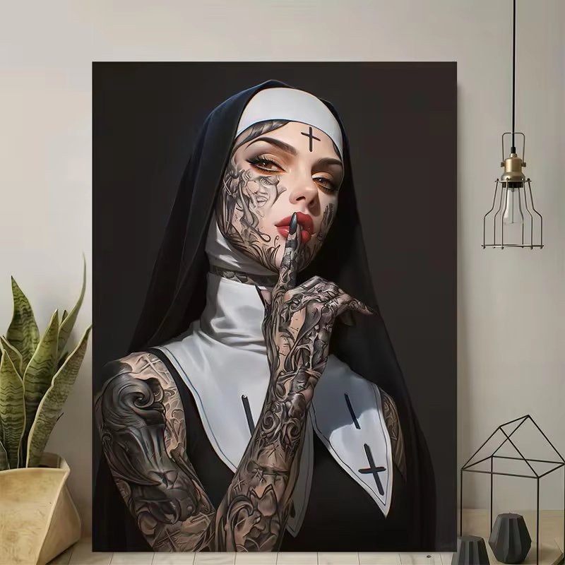 Fashion Girl Tattoo Nun Canvas - Vintage Fashion Art ulasan dan harga