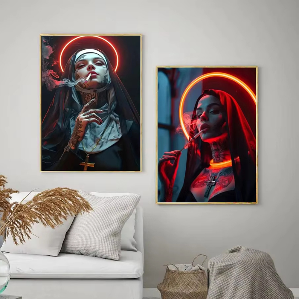 Fashion Girl Tattoo Nun Canvas - Vintage Fashion Art ulasan dan harga