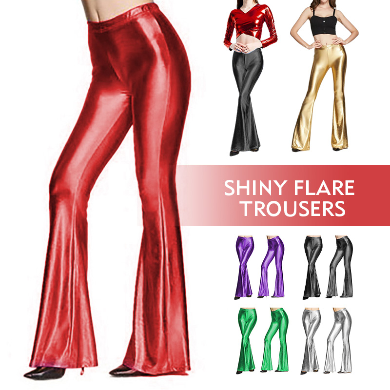 Women Shiny Flare Trousers Met - Wide Leg Trouser 70S ulasan dan harga