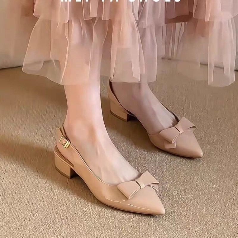 Bow Gentle Medium Heel Baotou  - Vintage Fashion Heels ulasan dan harga