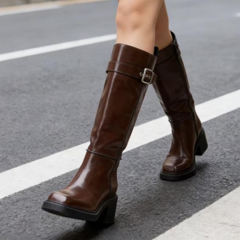 British Style Brown Knee Boots - Vintage Fashion Heels ulasan dan harga