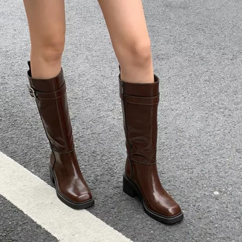 British Style Brown Knee Boots - Vintage Fashion Heels ulasan dan harga