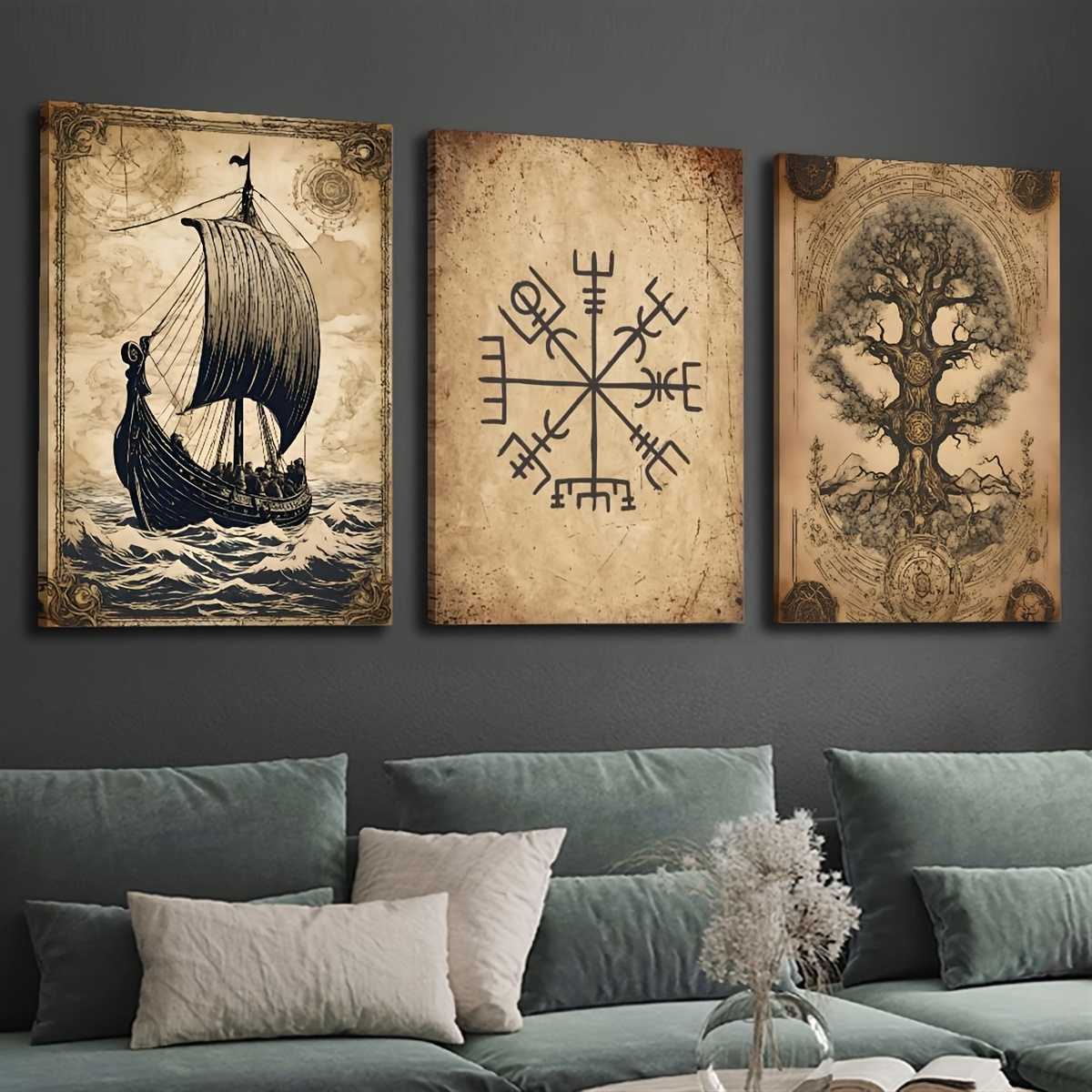 Frameless3pcs Vintage Norse Tr - Vintage Fashion Wall Art ulasan dan harga